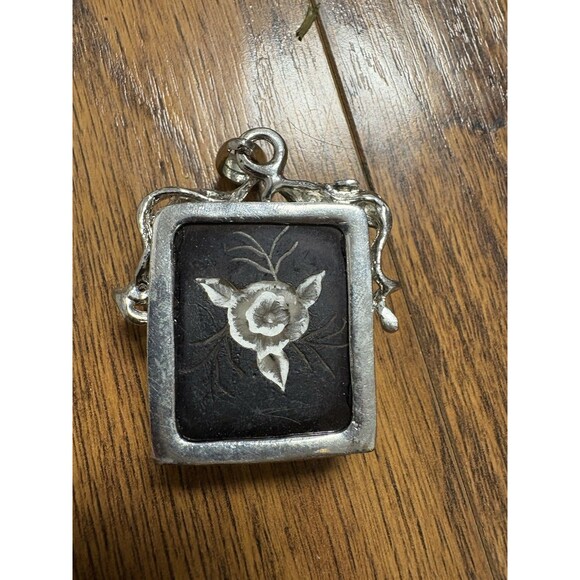 Vintage White Rose Pendant Glass For Necklace Rectangle Silver Tone - Picture 6 of 8